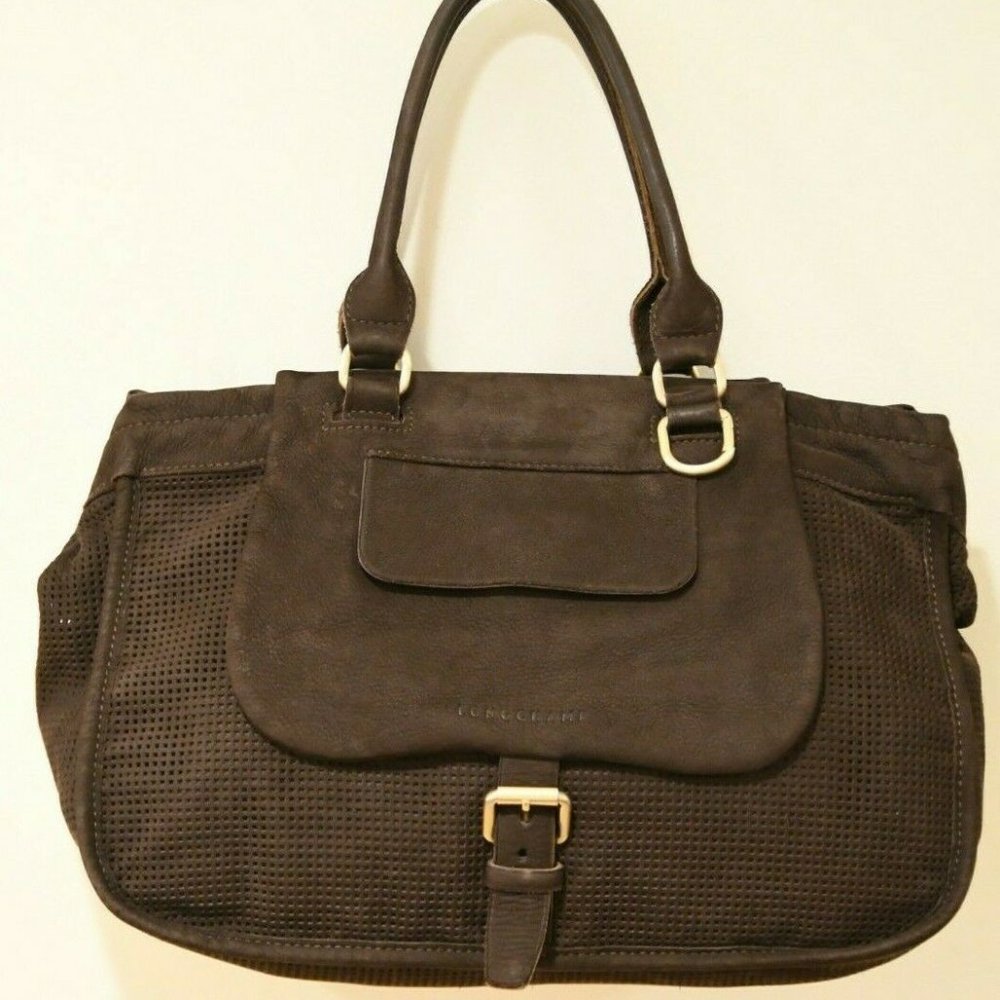Longchamp Balzane Perforated Mocha Suede 15" Tote